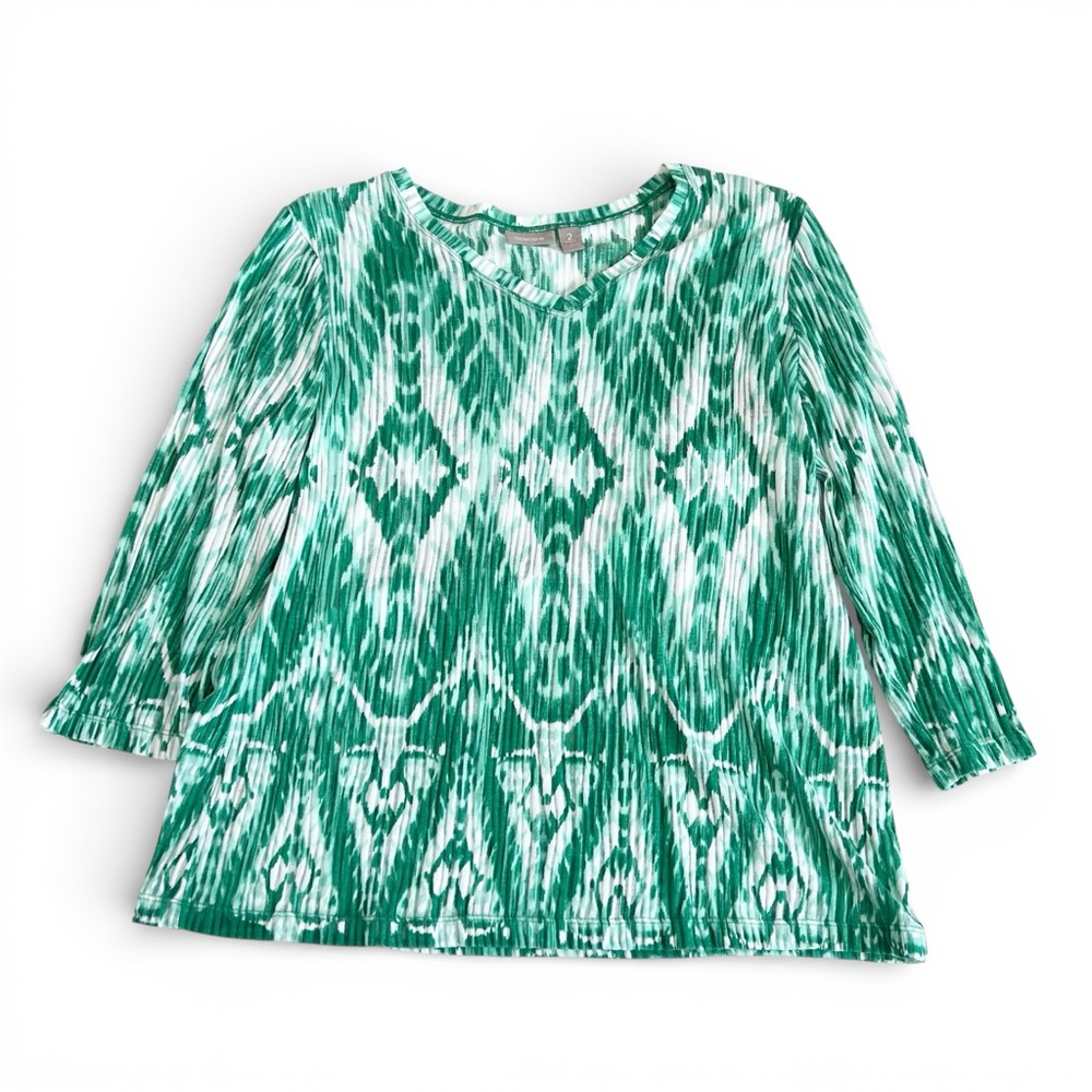 Chico’s Women’s Green and White V-Neck Patterned Top - M (Chico 2)